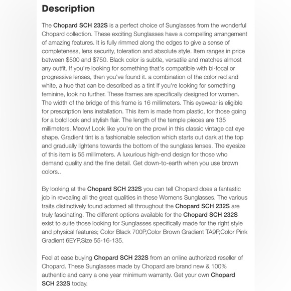 👑Chopard SCH232S TA9P Polarized Cat Eye . Size 55-16-135mm‼️🏆 - Picture 9 of 16